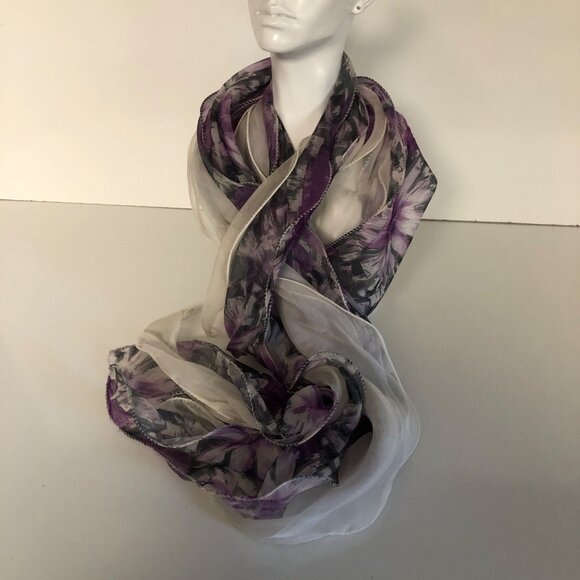 Dual White Sheer Lightweight Scarf with Purple Gray Floral 10x92 in Versatile - Picture 4 of 7